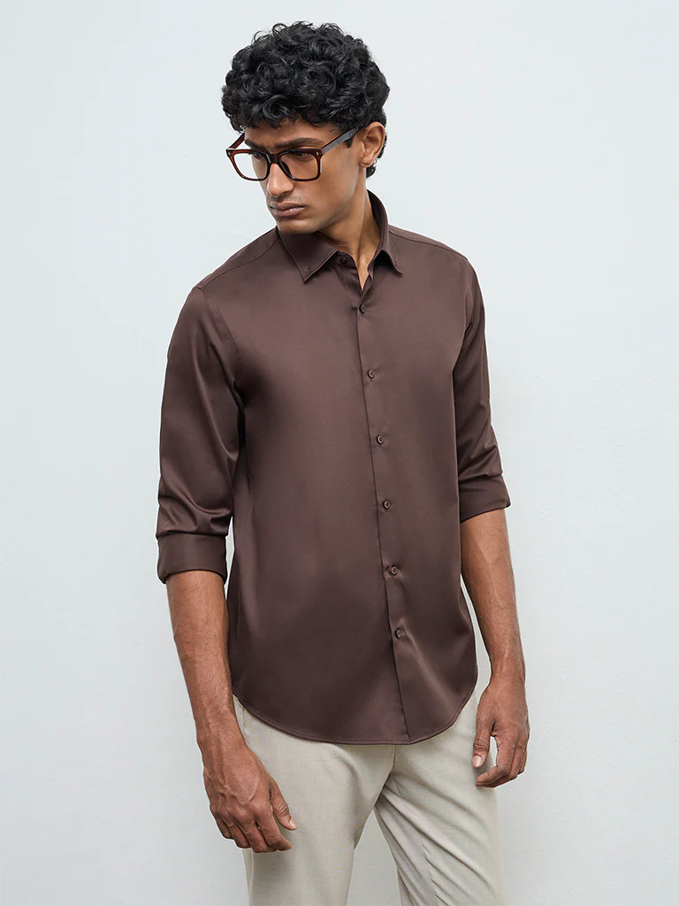 WES Formals Dark Brown Solid Slim-Fit Cotton Shirt
