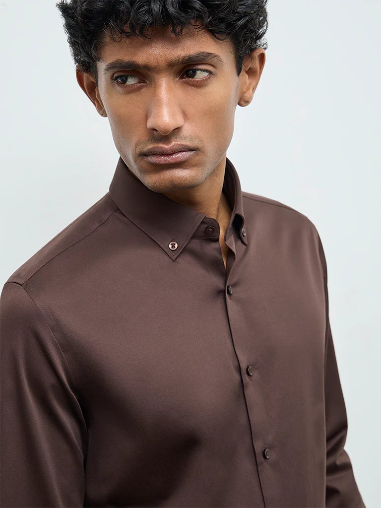 WES Formals Dark Brown Solid Slim-Fit Cotton Shirt - Image 4