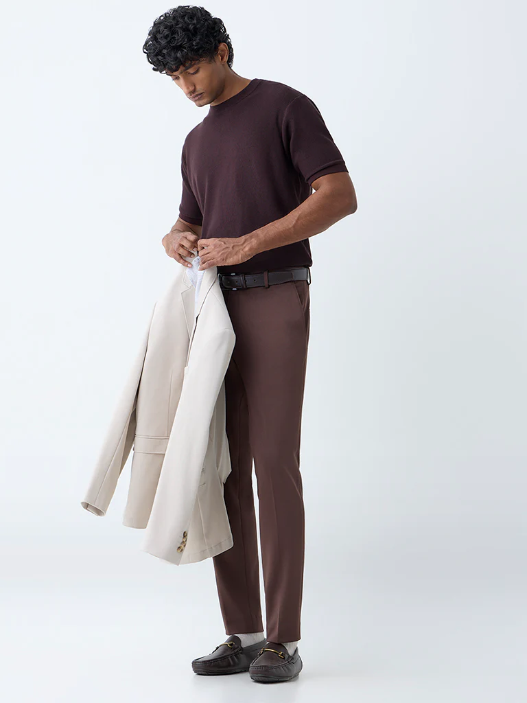 WES Formals Dark Brown Solid Slim-Fit T-Shirt - Image 4