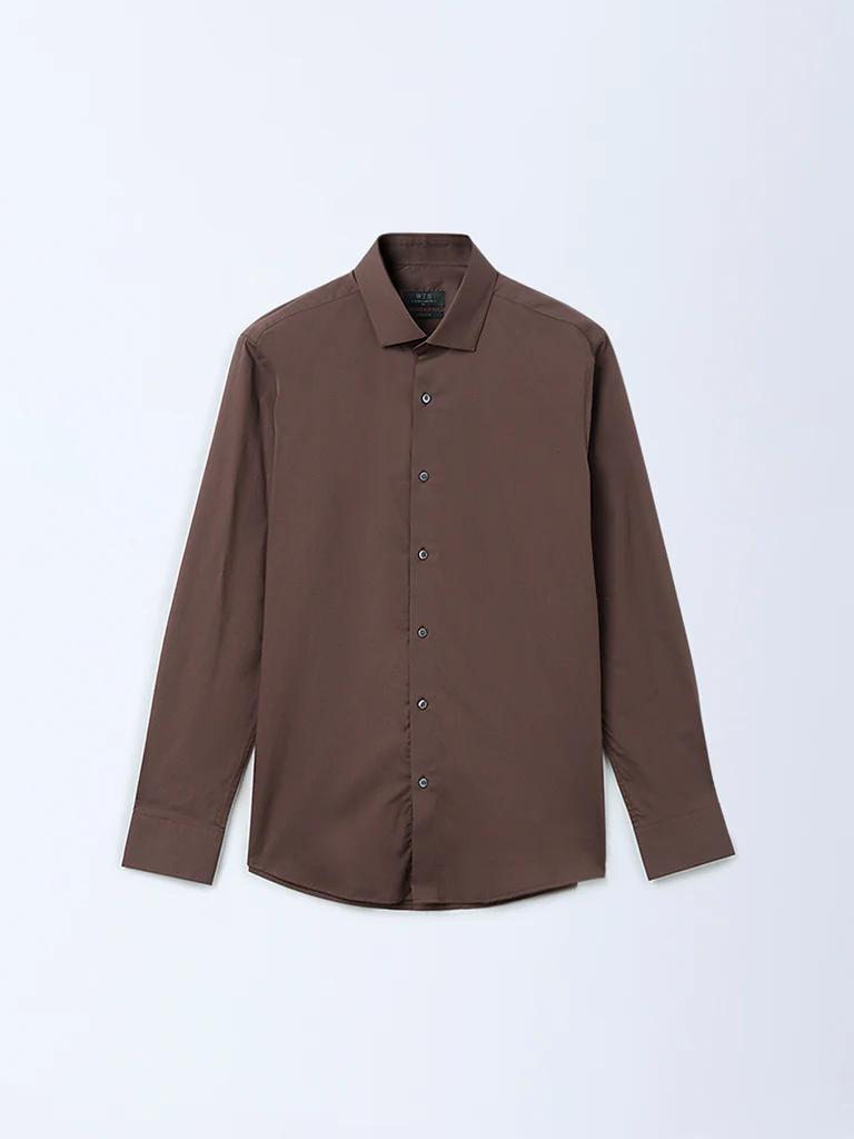 WES Formals Dark Brown Solid Ultra-Slim Fit Cotton Shirt - Image 2