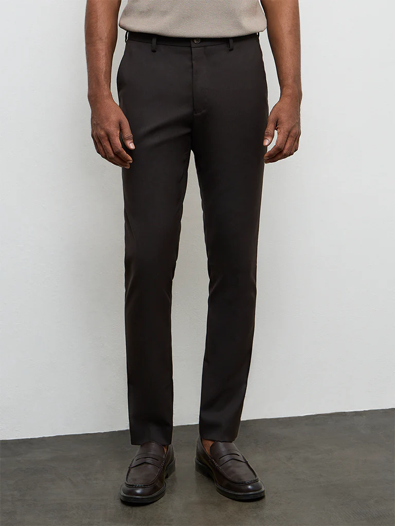 WES Formals Dark Brown Ultra Slim-Fit Mid-Rise Trousers - Image 3