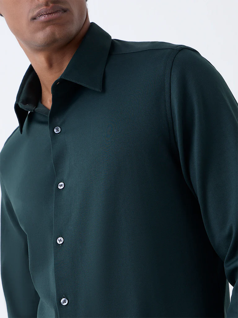 WES Formals Dark Green Slim-Fit Cotton-Blend Shirt - Image 3