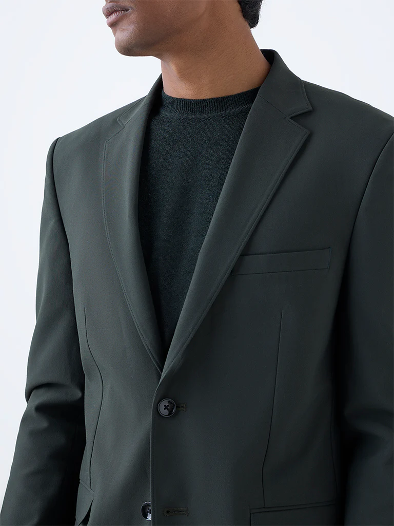 WES Formals Dark Green Solid Slim-Fit Blazer - Image 3