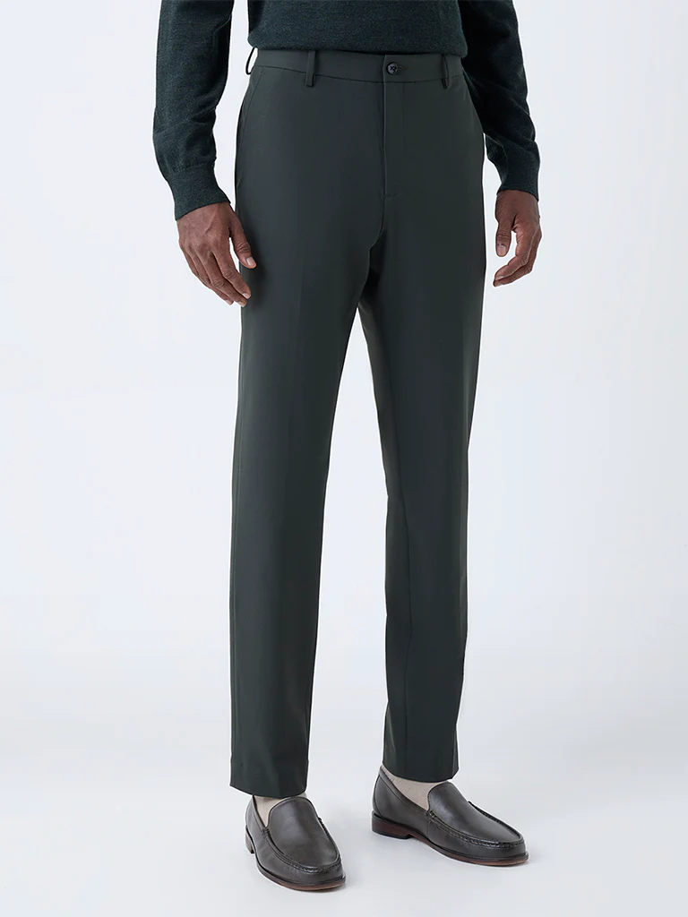 WES Formals Dark Green Solid Slim-Fit Mid-Rise Trousers - Image 3