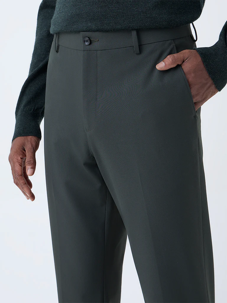 WES Formals Dark Green Solid Slim-Fit Mid-Rise Trousers - Image 4