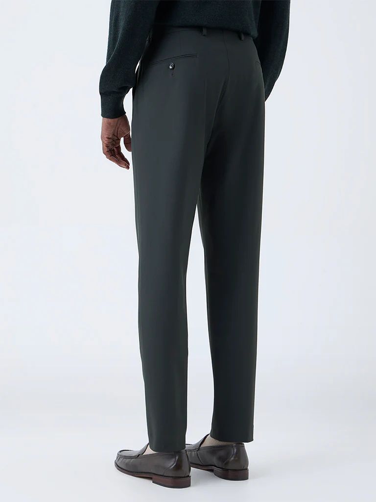 WES Formals Dark Green Solid Slim-Fit Mid-Rise Trousers - Image 5