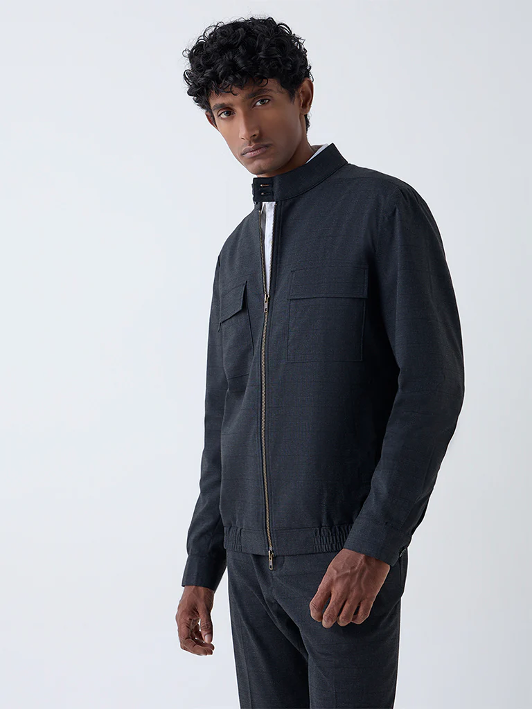 WES Formals Dark Grey Checkered Relaxed-Fit Jacket - Image 2