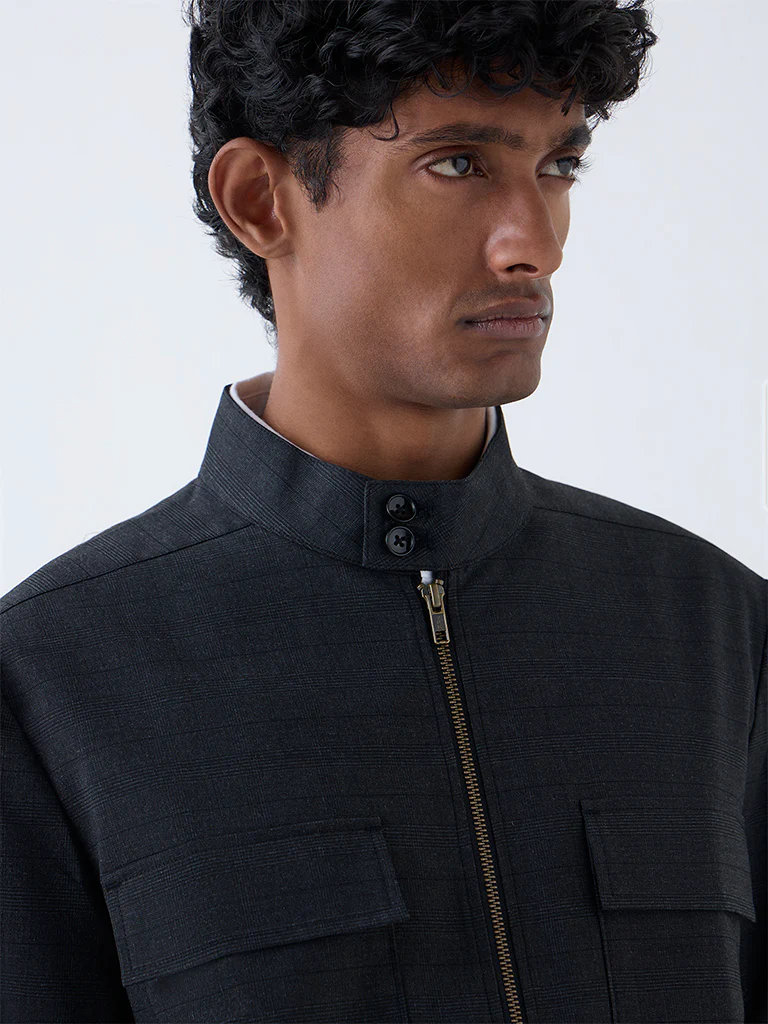 WES Formals Dark Grey Checkered Relaxed-Fit Jacket - Image 3