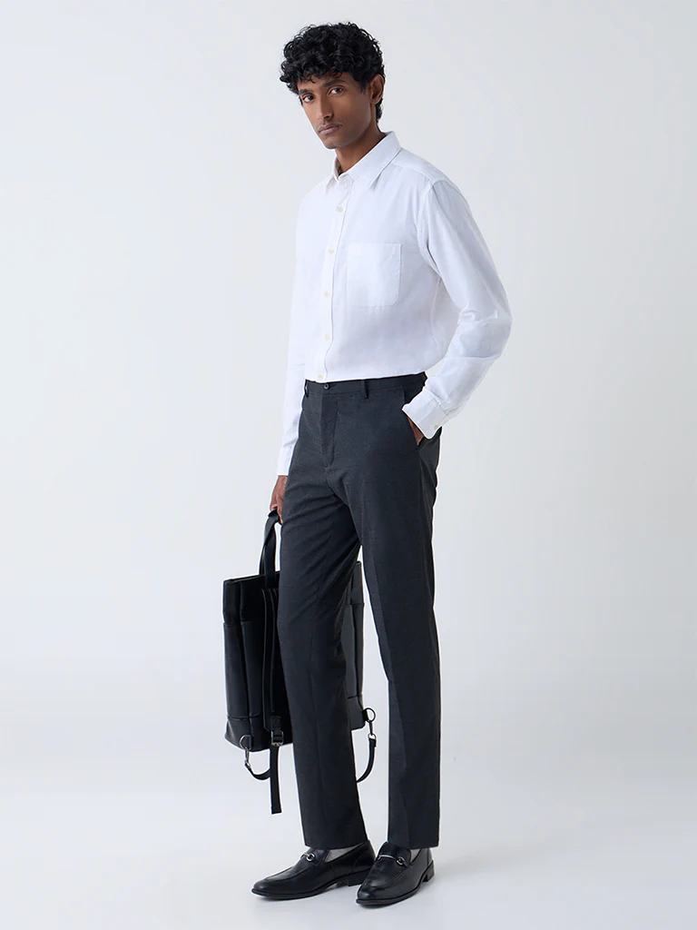 WES Formals Dark Grey Checkered Slim Fit Trousers