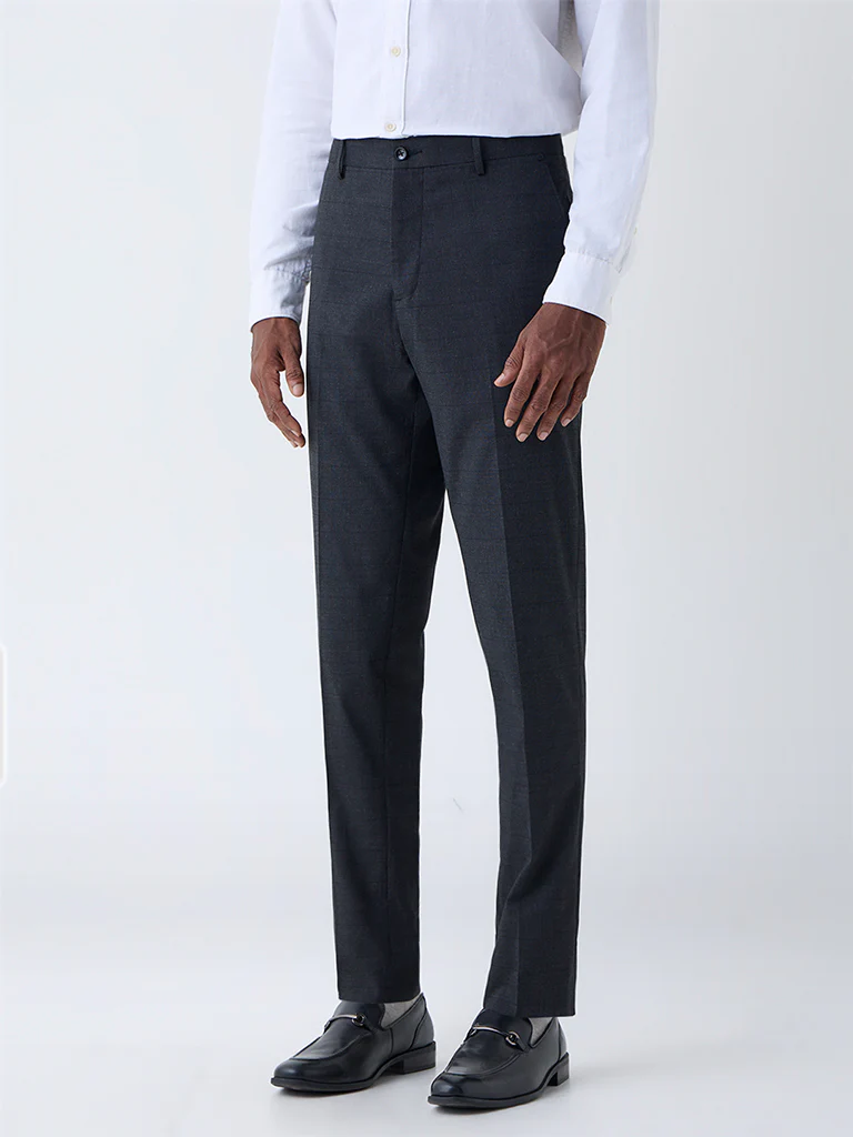 WES Formals Dark Grey Checkered Slim Fit Trousers - Image 2