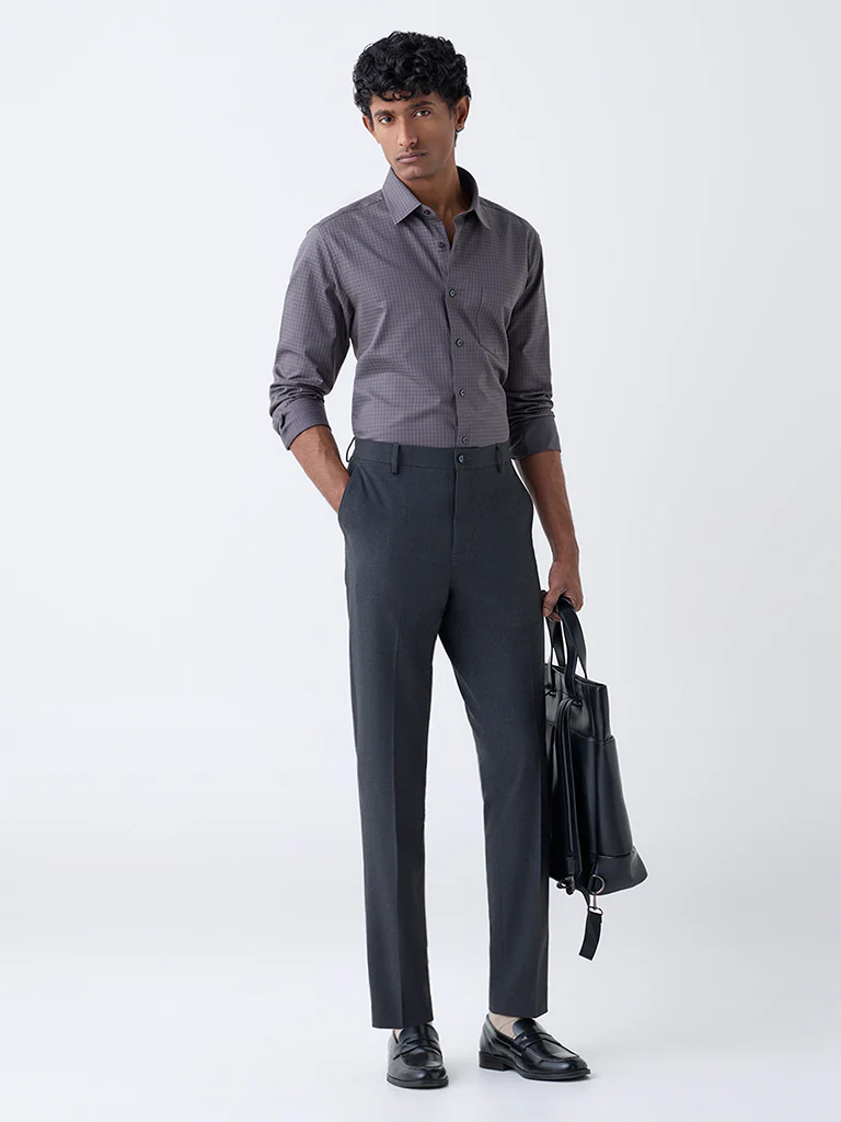 WES Formals Dark Grey Checks Design Slim-Fit Cotton Shirt - Image 3