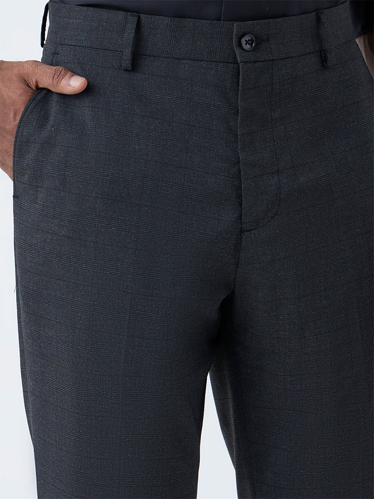 WES Formals Dark Grey Checks Relaxed Fit Mid-Rise Trousers - Image 3