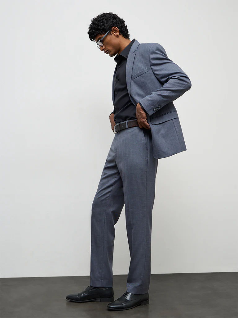 WES Formals Dark Grey Relaxed-Fit Mid-Rise Trousers
