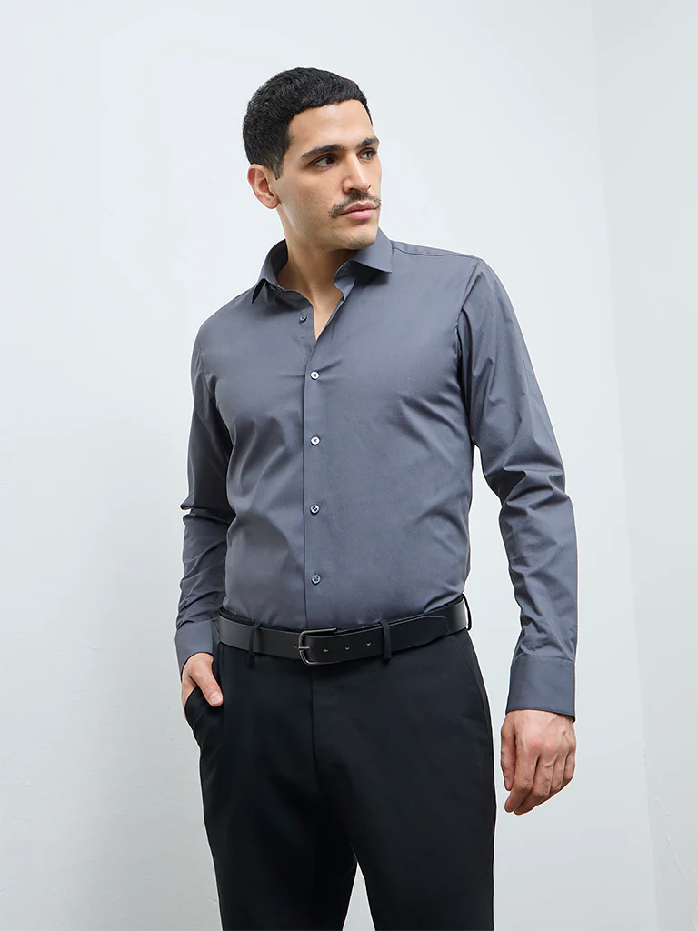 WES Formals Dark Grey Solid Ultra Slim-Fit Cotton-Blend Shirt