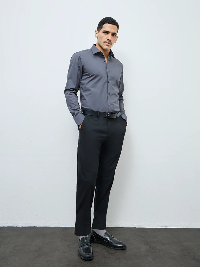 WES Formals Dark Grey Solid Ultra Slim-Fit Cotton-Blend Shirt - Image 3