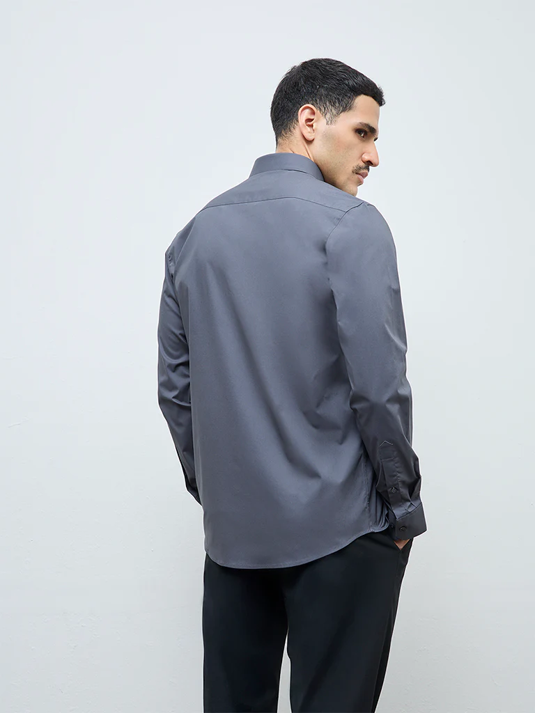 WES Formals Dark Grey Solid Ultra Slim-Fit Cotton-Blend Shirt - Image 5
