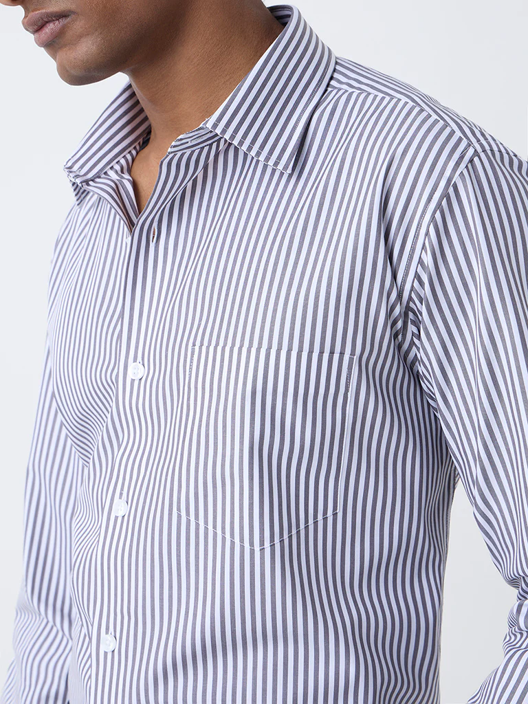 WES Formals Dark Grey Striped Relaxed-Fit Cotton Shirt - Image 2