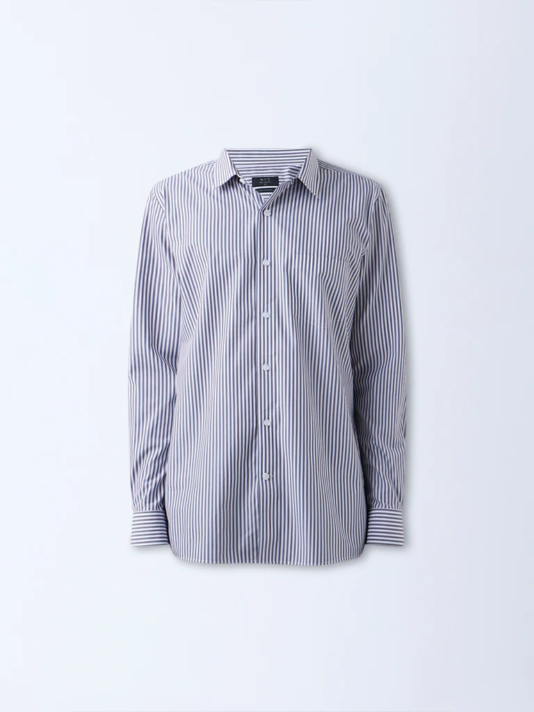 WES Formals Dark Grey Striped Relaxed-Fit Cotton Shirt - Image 5
