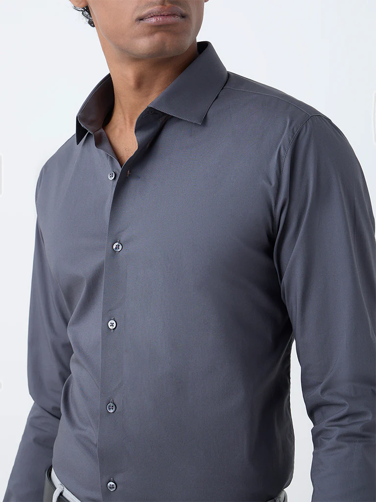 WES Formals Dark Grey Ultra Slim-Fit Cotton-Blend Shirt - Image 3
