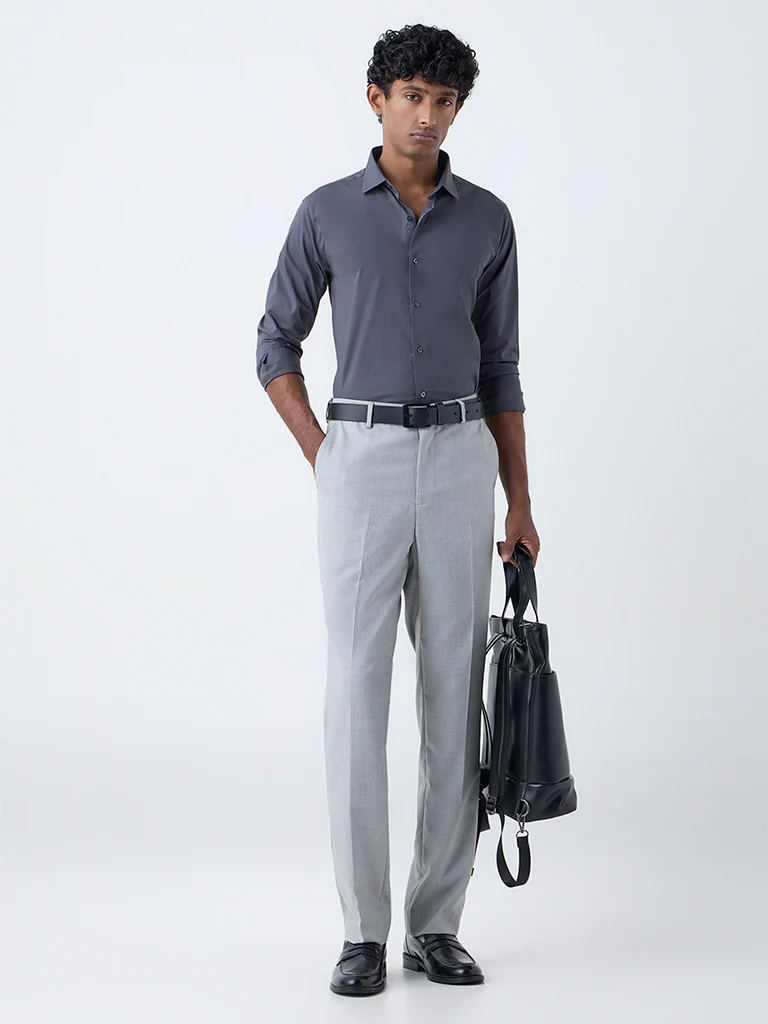 WES Formals Dark Grey Ultra Slim-Fit Cotton-Blend Shirt - Image 4
