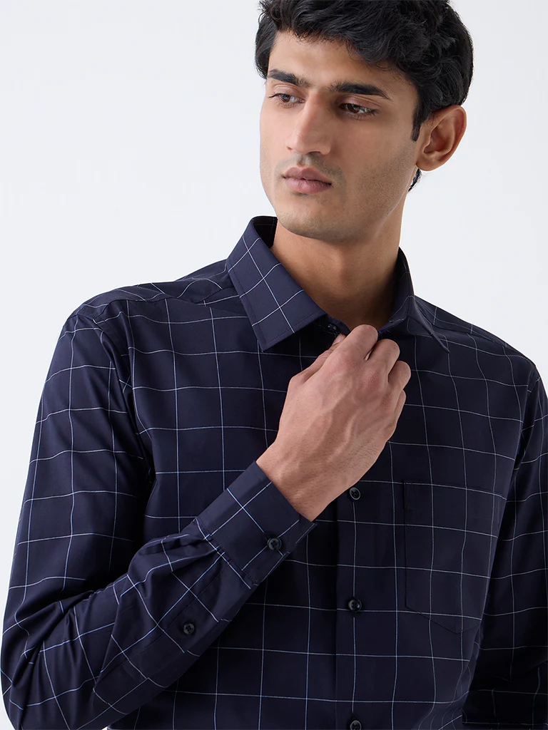 WES Formals Dark Navy Checks Design Relaxed-Fit Cotton Shirt - Image 2