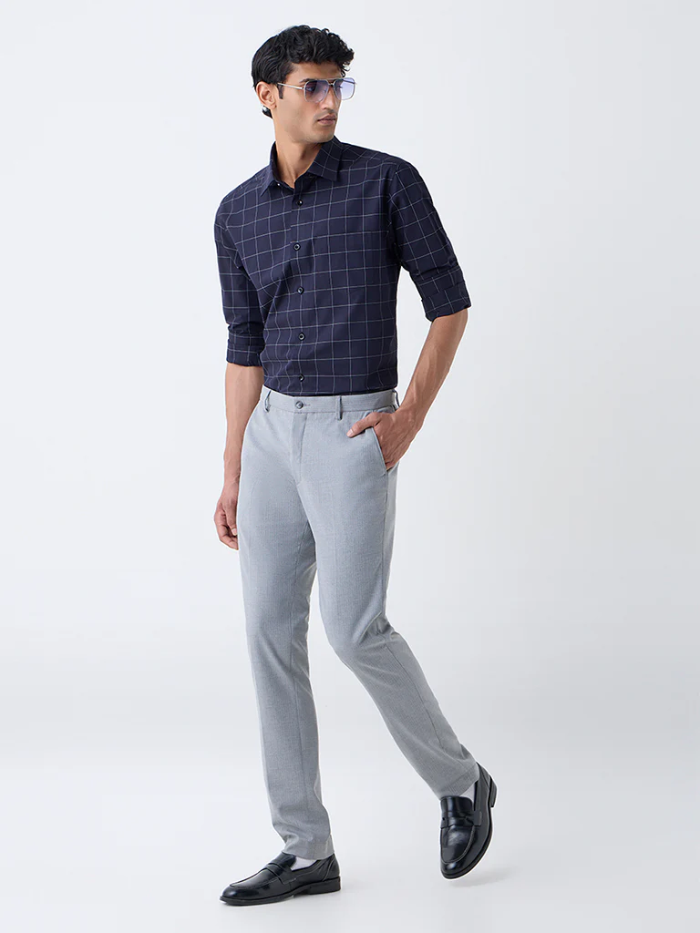 WES Formals Dark Navy Checks Design Relaxed-Fit Cotton Shirt - Image 3