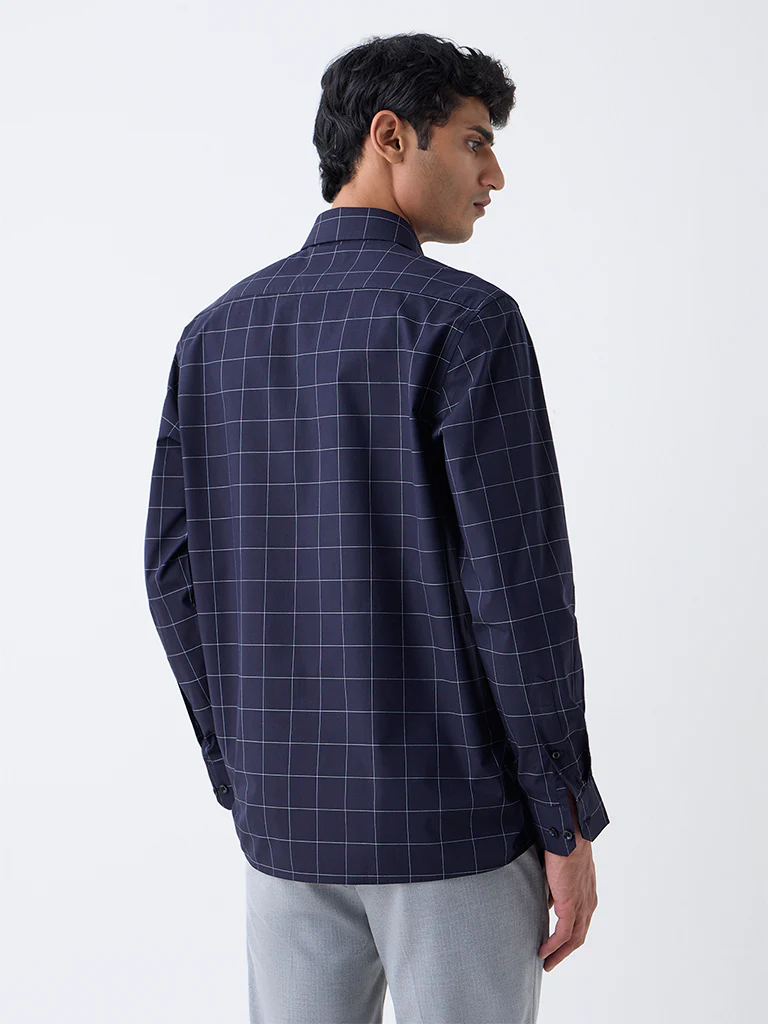 WES Formals Dark Navy Checks Design Relaxed-Fit Cotton Shirt - Image 4