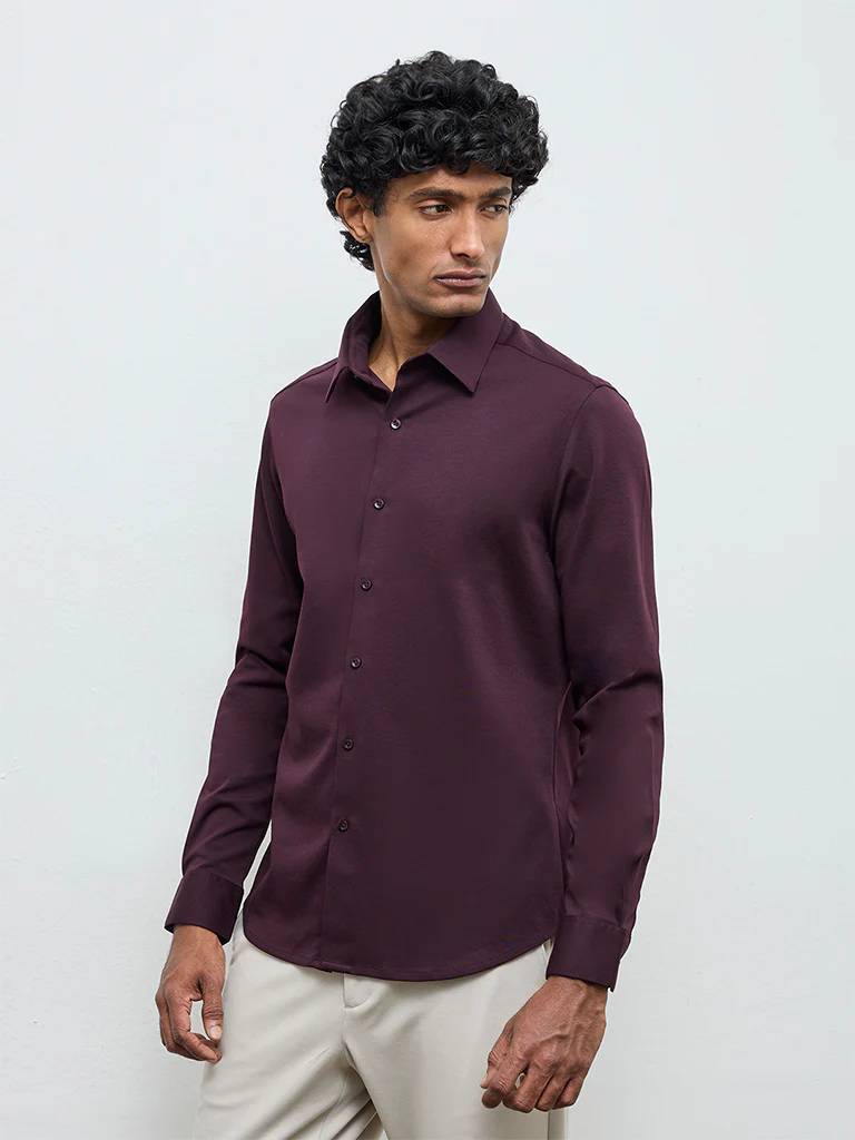 WES Formals Dark Wine Slim-Fit Cotton-Blend Shirt