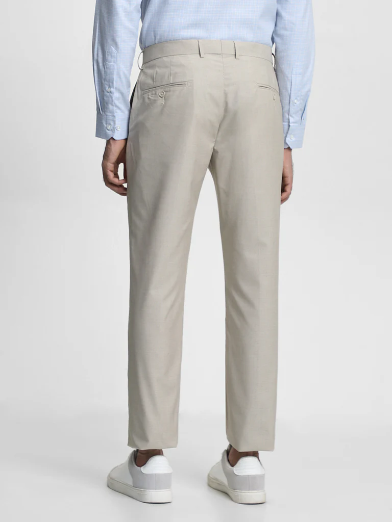 WES Formals Dobby Beige Relaxed-Fit Mid-Rise Trousers - Image 4