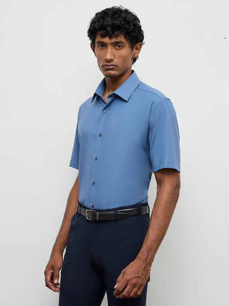 WES Formals Dusty Blue Slim-Fit Shirt