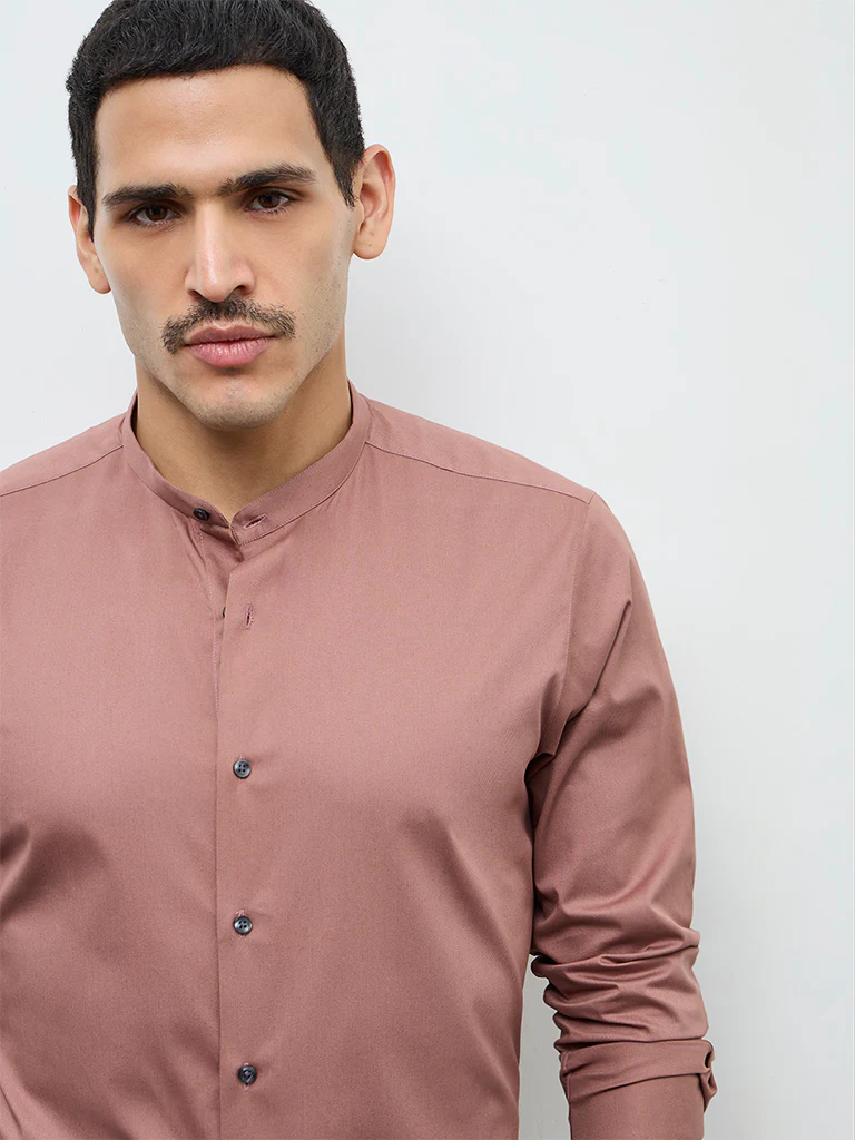 WES Formals Dusty Peach Solid Slim-Fit Cotton-Blend Shirt - Image 4