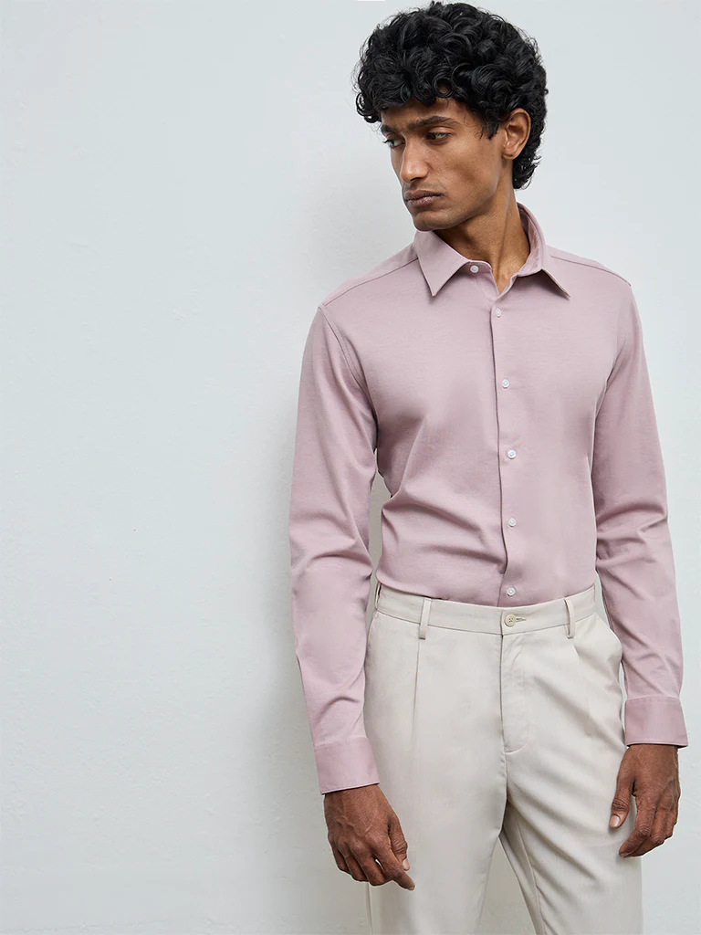 WES Formals Dusty Pink Slim-Fit Cotton-Blend Shirt