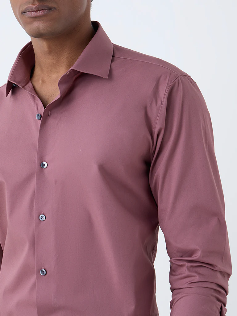 WES Formals Dusty Pink Solid Ultra Slim Fit Cotton-Blend Shirt - Image 3