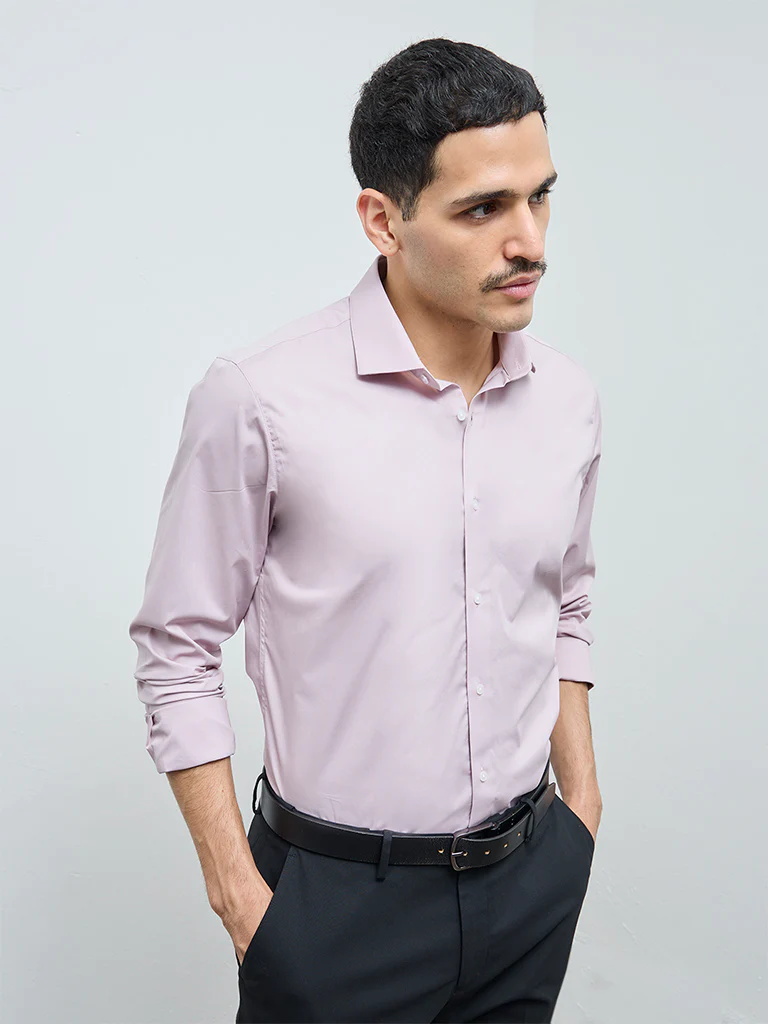 WES Formals Dusty Pink Solid Ultra Slim-Fit Cotton-Blend Shirt - Image 3