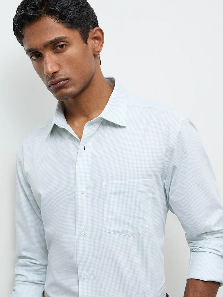 WES Formals Green Checkered Slim-Fit Cotton Shirt - Image 3