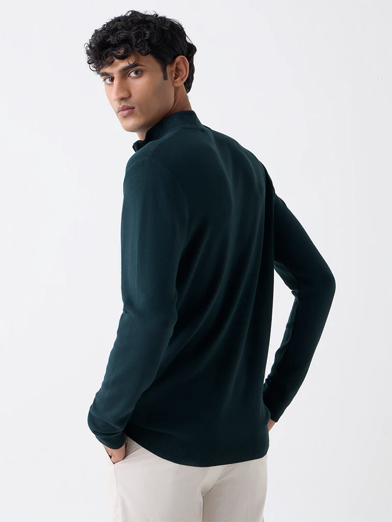 WES Formals Green Knitted Slim-Fit Quarter-Zip Sweater - Image 5