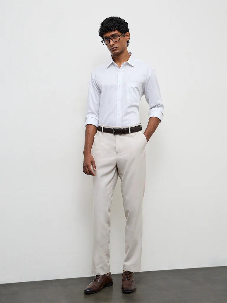 WES Formals Green Striped Relaxed-Fit Cotton Shirt