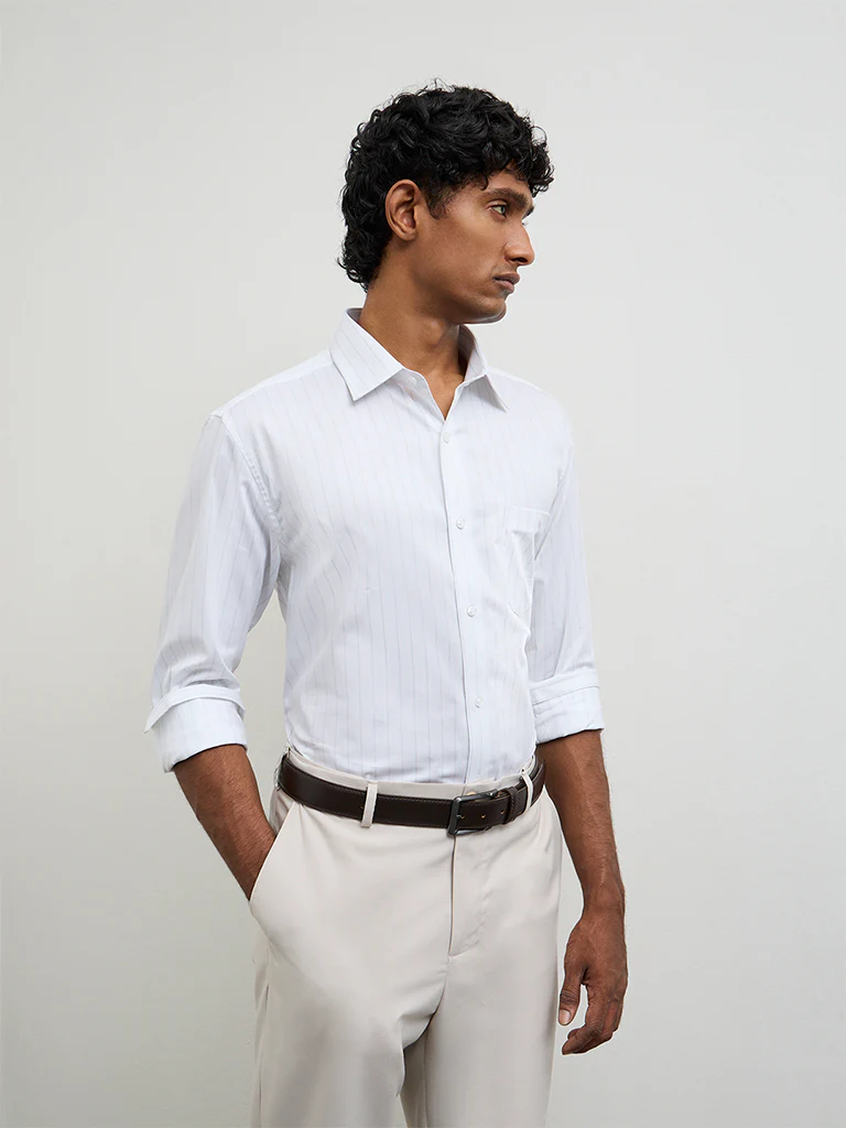 WES Formals Green Striped Relaxed-Fit Cotton Shirt - Image 2