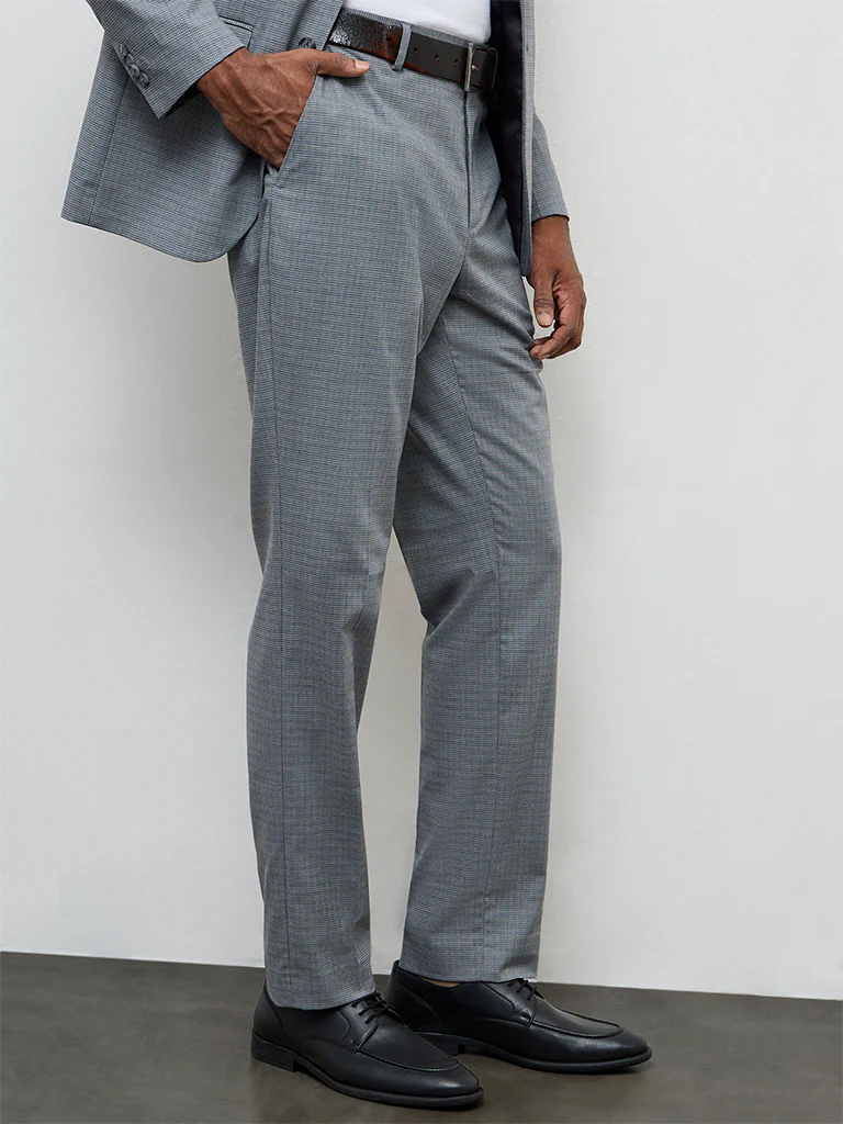 WES Formals Grey Checkered Relaxed-Fit Mid-Rise Trousers - Image 2