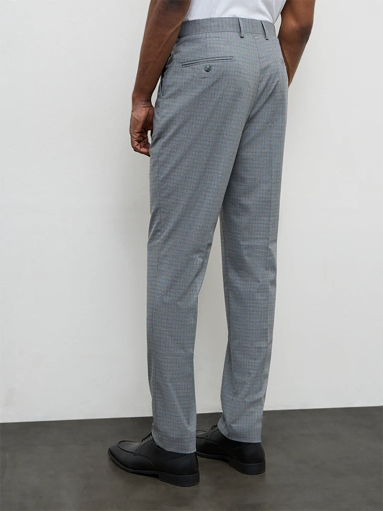 WES Formals Grey Checkered Relaxed-Fit Mid-Rise Trousers - Image 4