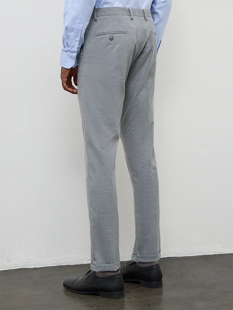 WES Formals Grey Checkered Slim-Fit Mid-Rise Trousers - Image 4