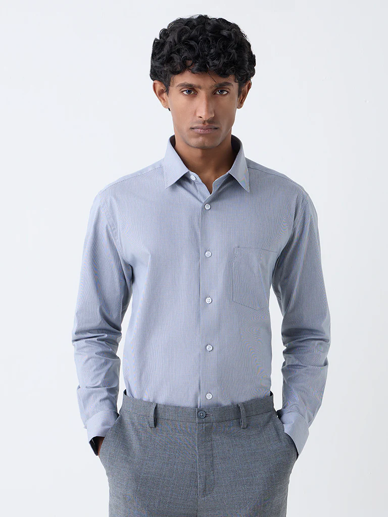 WES Formals Grey Checks Pattern Relaxed-Fit Cotton Shirt