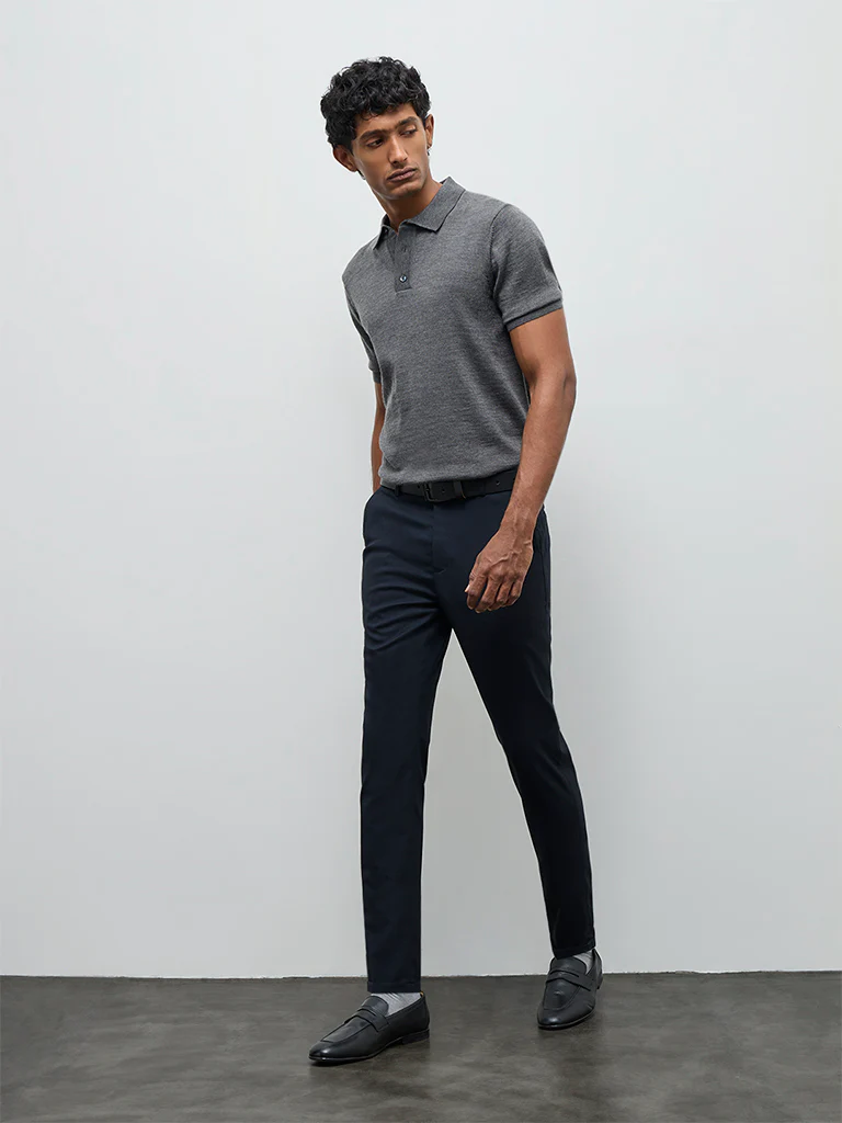 WES Formals Grey Knit-Textured Relaxed-Fit Polo T-Shirt - Image 3