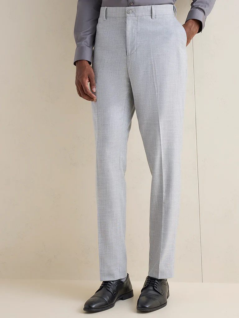 WES Formals Grey Melange Relaxed-Fit Mid-Rise Trousers - Image 2