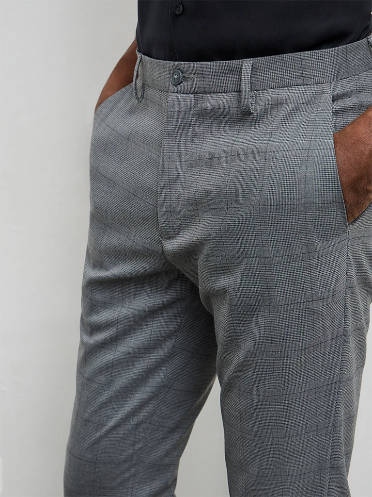 WES Formals Grey Plaid Checkered Slim-Fit Mid-Rise Trousers - Image 3