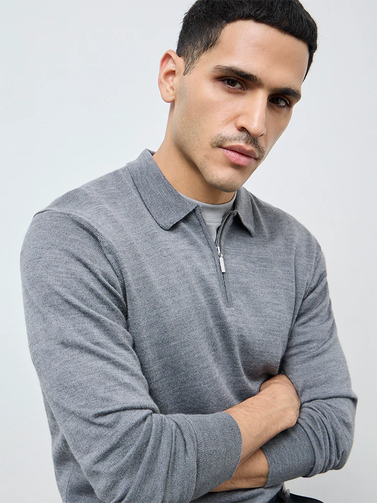 WES Formals Grey Relaxed-Fit Quarter-Zip Sweater - Image 4