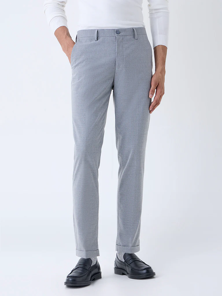 WES Formals Grey Self-Striped Slim-Fit Mid-Rise Trousers - Image 2