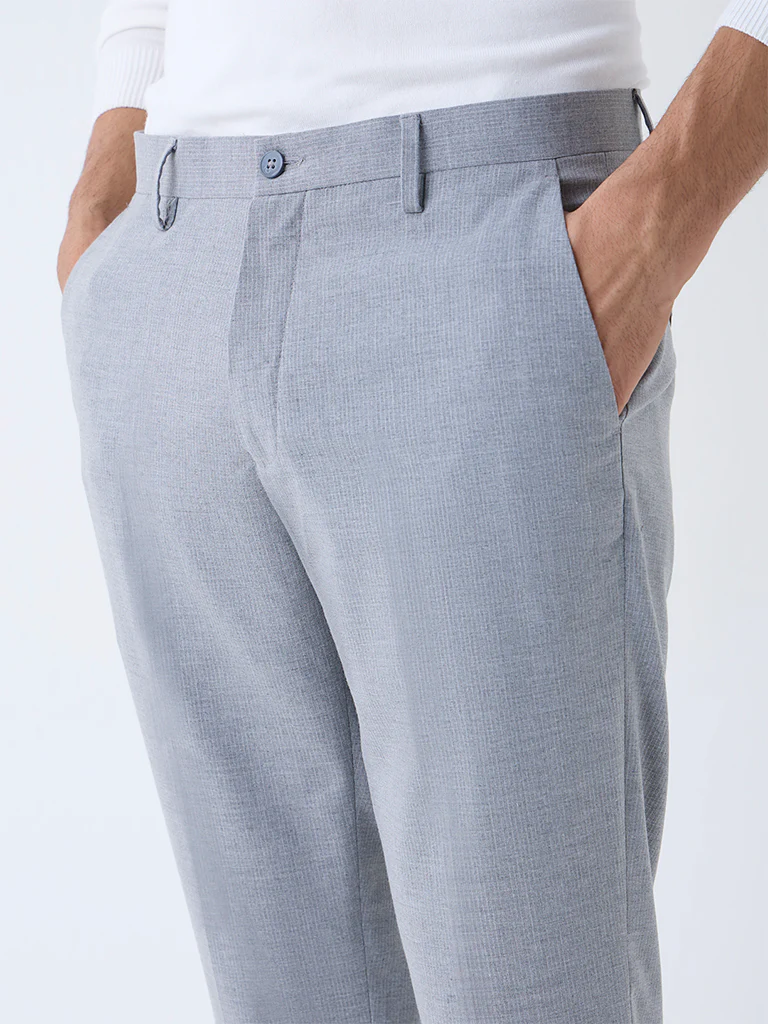 WES Formals Grey Self-Striped Slim-Fit Mid-Rise Trousers - Image 3