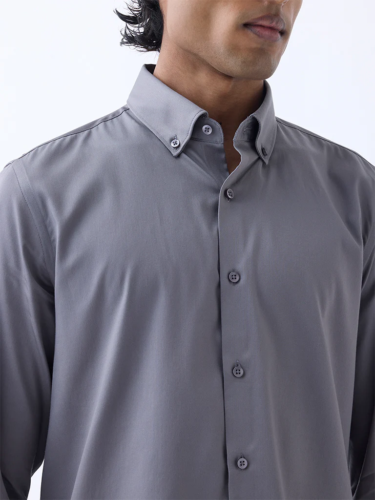 WES Formals Grey Slim-Fit Cotton-Blend Shirt - Image 3