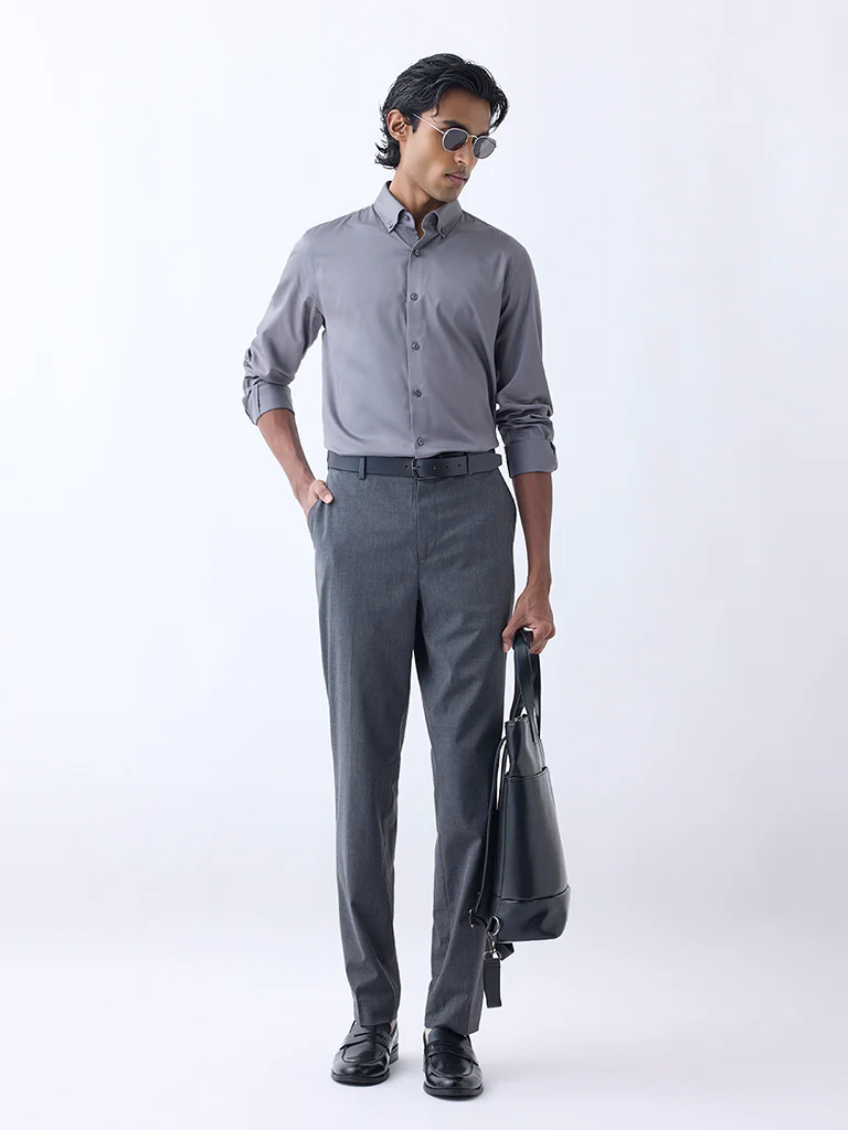 WES Formals Grey Slim-Fit Cotton-Blend Shirt - Image 4
